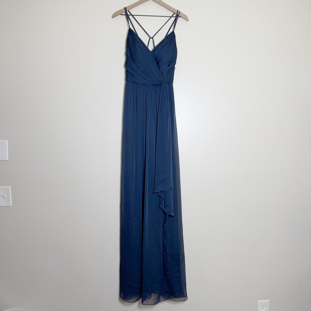 Belsoie Womens Gown 8 Navy Blue Beaded Straps Surplice Bodice Ruched Back